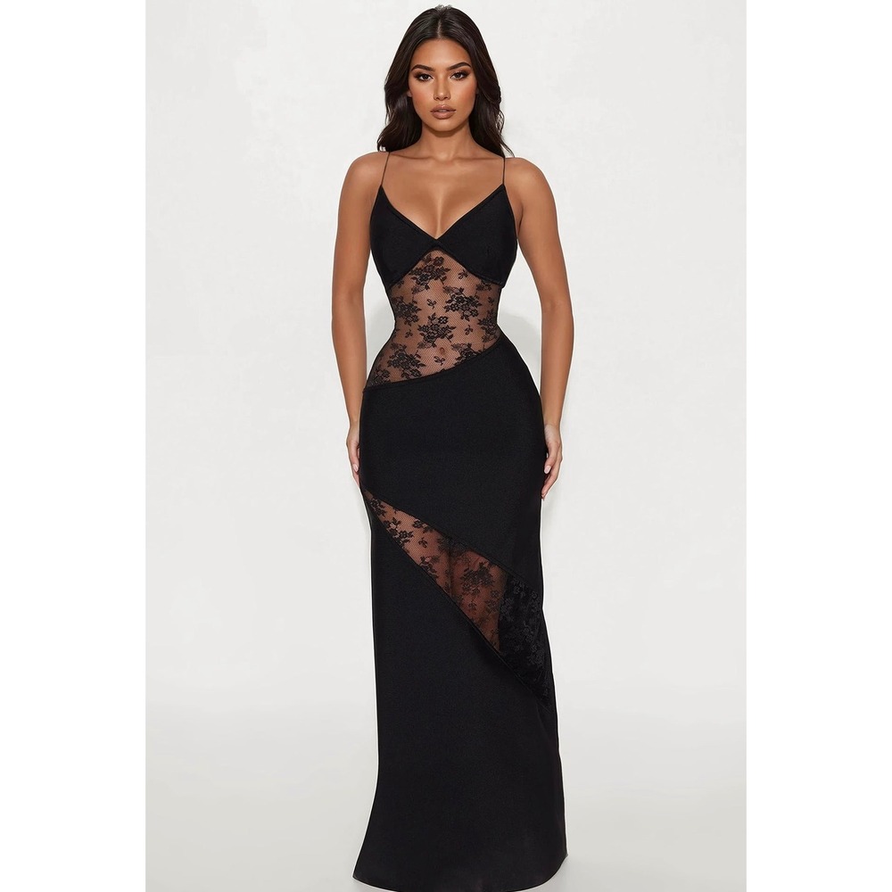Black Lace Cutout Prom Party Gown Sheer Panel Maxi Formal Dress Sleek Sold‎ Out
